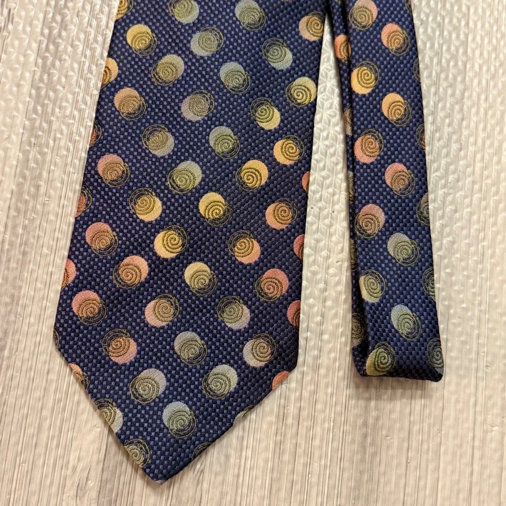XMI Platinum Silk Tie Navy Blue Spiral Polka Dot Italian Fabric USA Made Luxury